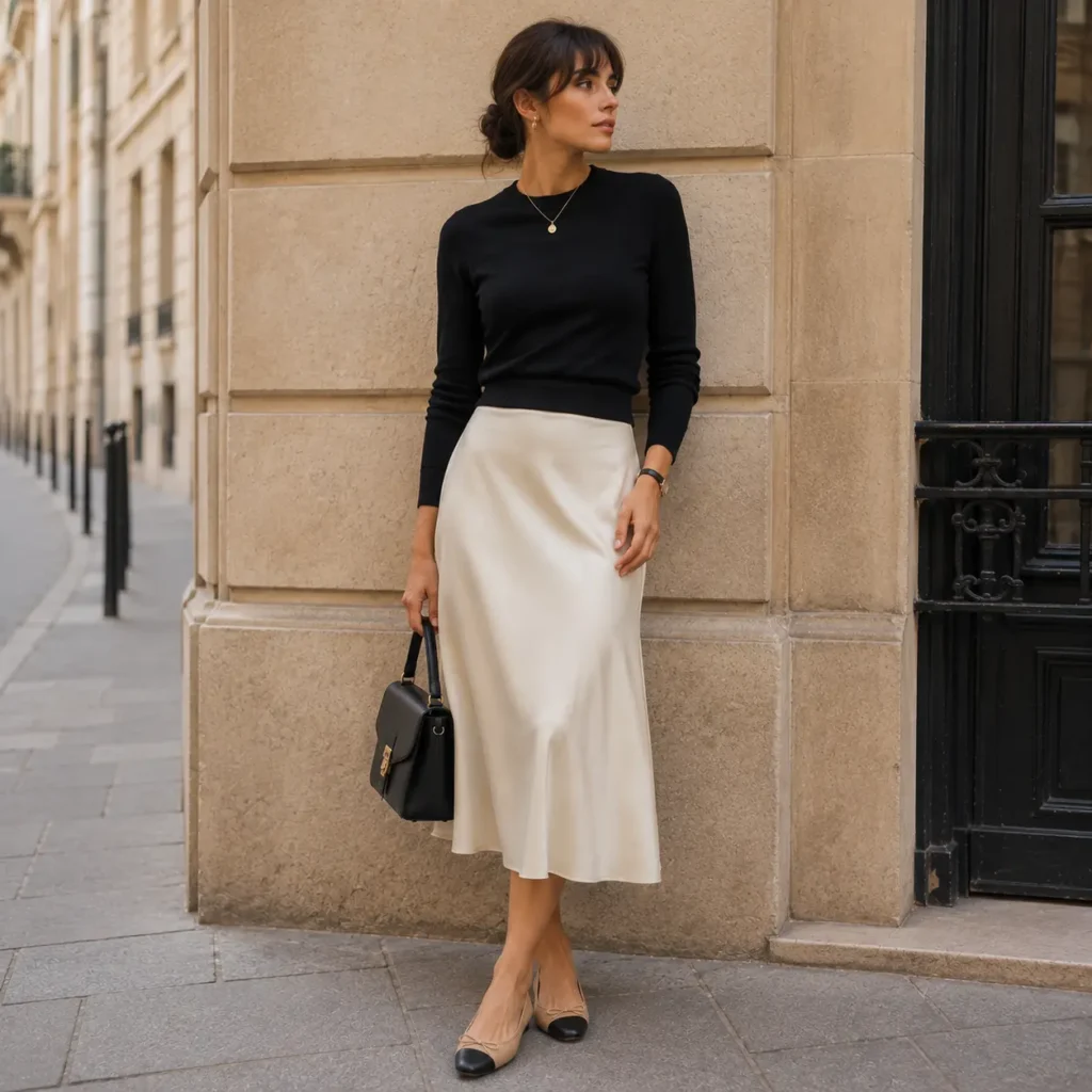 Woman wearing a midi skirt with a fitted sweater for an elegant everyday outfit.
