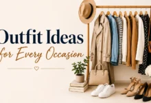 A stylish wardrobe display featuring neutral clothing, jackets, dresses, shoes, and accessories beside the title Outfit Ideas for Every Occasion, representing versatile fashion inspiration for casual, work, travel, and special occasions.