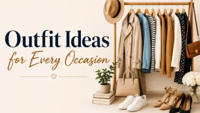 A stylish wardrobe display featuring neutral clothing, jackets, dresses, shoes, and accessories beside the title Outfit Ideas for Every Occasion, representing versatile fashion inspiration for casual, work, travel, and special occasions.