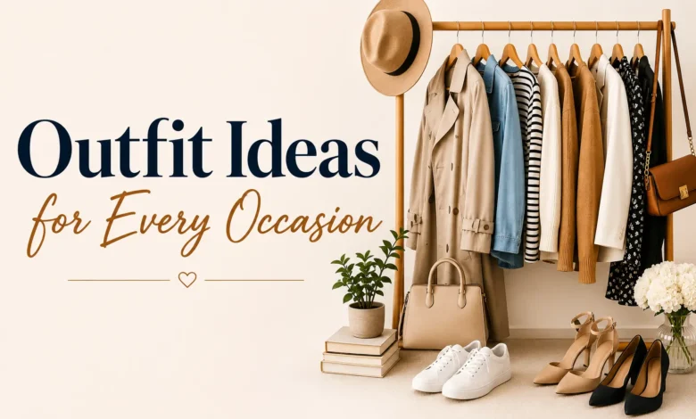 A stylish wardrobe display featuring neutral clothing, jackets, dresses, shoes, and accessories beside the title Outfit Ideas for Every Occasion, representing versatile fashion inspiration for casual, work, travel, and special occasions.