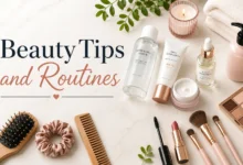 Beauty Tips and Routines featured image with skincare products, makeup essentials, hair care accessories, and self-care items arranged on a clean marble background.