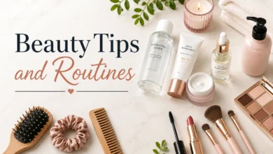 Beauty Tips and Routines featured image with skincare products, makeup essentials, hair care accessories, and self-care items arranged on a clean marble background.