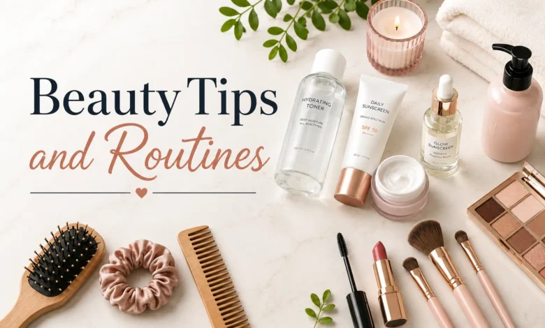Beauty Tips and Routines featured image with skincare products, makeup essentials, hair care accessories, and self-care items arranged on a clean marble background.