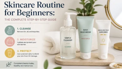 Beginner skincare routine featuring a gentle cleanser, moisturizer, and SPF sunscreen with a simple three-step skincare guide for healthy skin.