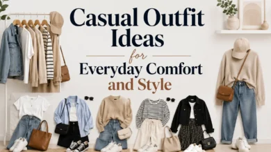 Casual outfit ideas for everyday comfort and style featuring versatile neutral clothing, jeans, knitwear, sneakers, and handbags arranged in a minimalist fashion flat lay.