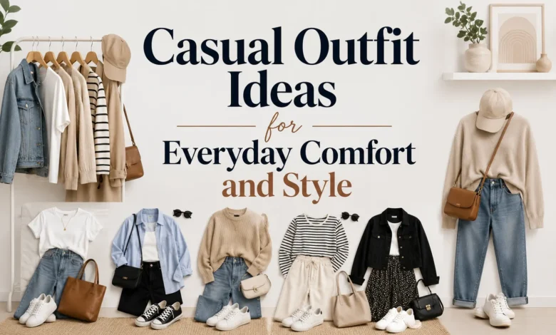 Casual outfit ideas for everyday comfort and style featuring versatile neutral clothing, jeans, knitwear, sneakers, and handbags arranged in a minimalist fashion flat lay.