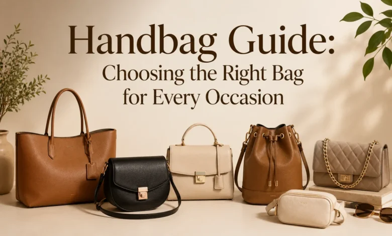 Collection of stylish handbags including tote, crossbody, shoulder, bucket, and quilted bags displayed on a neutral background for a complete handbag guide on choosing the right bag for every occasion.