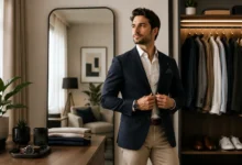 Confident man adjusting a navy blazer in a modern dressing room with an organized wardrobe, reflecting how clothing can influence confidence and self-perception.