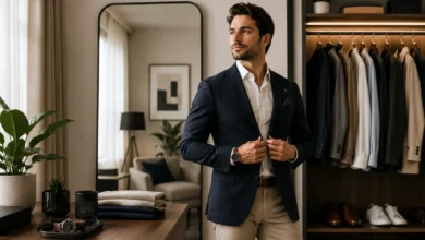 Confident man adjusting a navy blazer in a modern dressing room with an organized wardrobe, reflecting how clothing can influence confidence and self-perception.