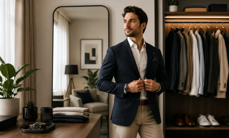 Confident man adjusting a navy blazer in a modern dressing room with an organized wardrobe, reflecting how clothing can influence confidence and self-perception.
