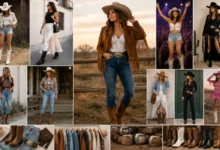 Stylish women wearing modern cowgirl outfits with cowboy boots, denim, fringe, and Western accessories in an editorial fashion collage.