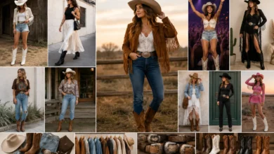 Stylish women wearing modern cowgirl outfits with cowboy boots, denim, fringe, and Western accessories in an editorial fashion collage.