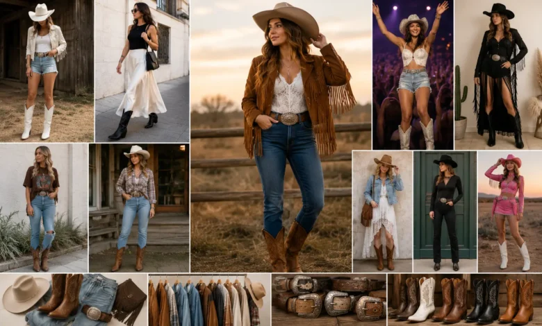 Stylish women wearing modern cowgirl outfits with cowboy boots, denim, fringe, and Western accessories in an editorial fashion collage.