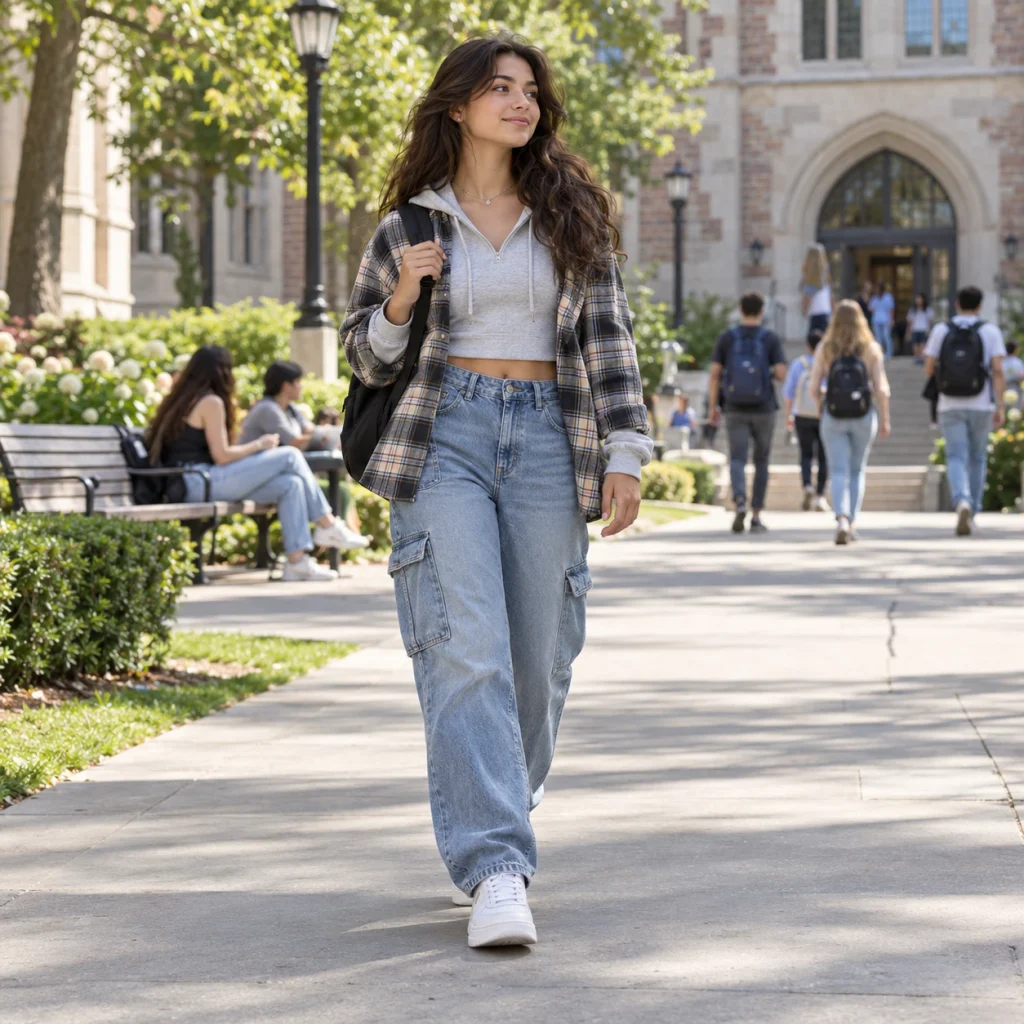 College student wearing a grey hoodie, plaid overshirt, relaxed cargo jeans and white sneakers while walking on campus.