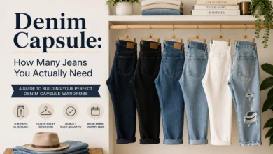 Denim capsule wardrobe featuring six essential pairs of jeans in different washes and styles for a minimalist closet