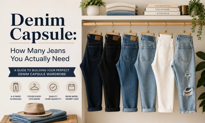 Denim capsule wardrobe featuring six essential pairs of jeans in different washes and styles for a minimalist closet