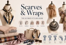 Elegant collection of silk scarves, wool wraps, pashminas, and infinity scarves displayed with different styling techniques, including neck ties, headbands, and bag accents, for a complete scarves and wraps styling guide