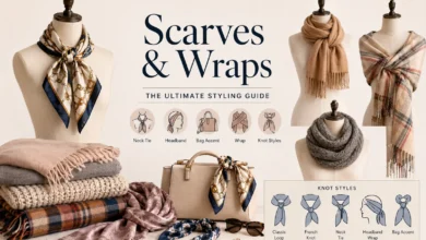 Elegant collection of silk scarves, wool wraps, pashminas, and infinity scarves displayed with different styling techniques, including neck ties, headbands, and bag accents, for a complete scarves and wraps styling guide