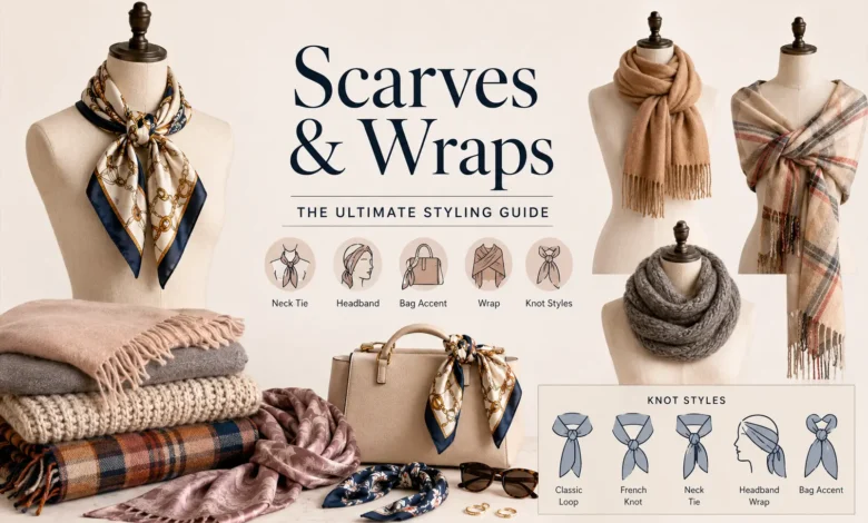 Elegant collection of silk scarves, wool wraps, pashminas, and infinity scarves displayed with different styling techniques, including neck ties, headbands, and bag accents, for a complete scarves and wraps styling guide