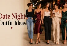 Elegant date night outfit ideas featuring women wearing stylish dresses, chic tops, tailored pants, and evening looks in a romantic outdoor setting with warm ambient lighting, perfect for casual and formal date inspiration.