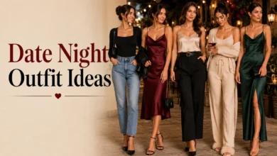 Elegant date night outfit ideas featuring women wearing stylish dresses, chic tops, tailored pants, and evening looks in a romantic outdoor setting with warm ambient lighting, perfect for casual and formal date inspiration.
