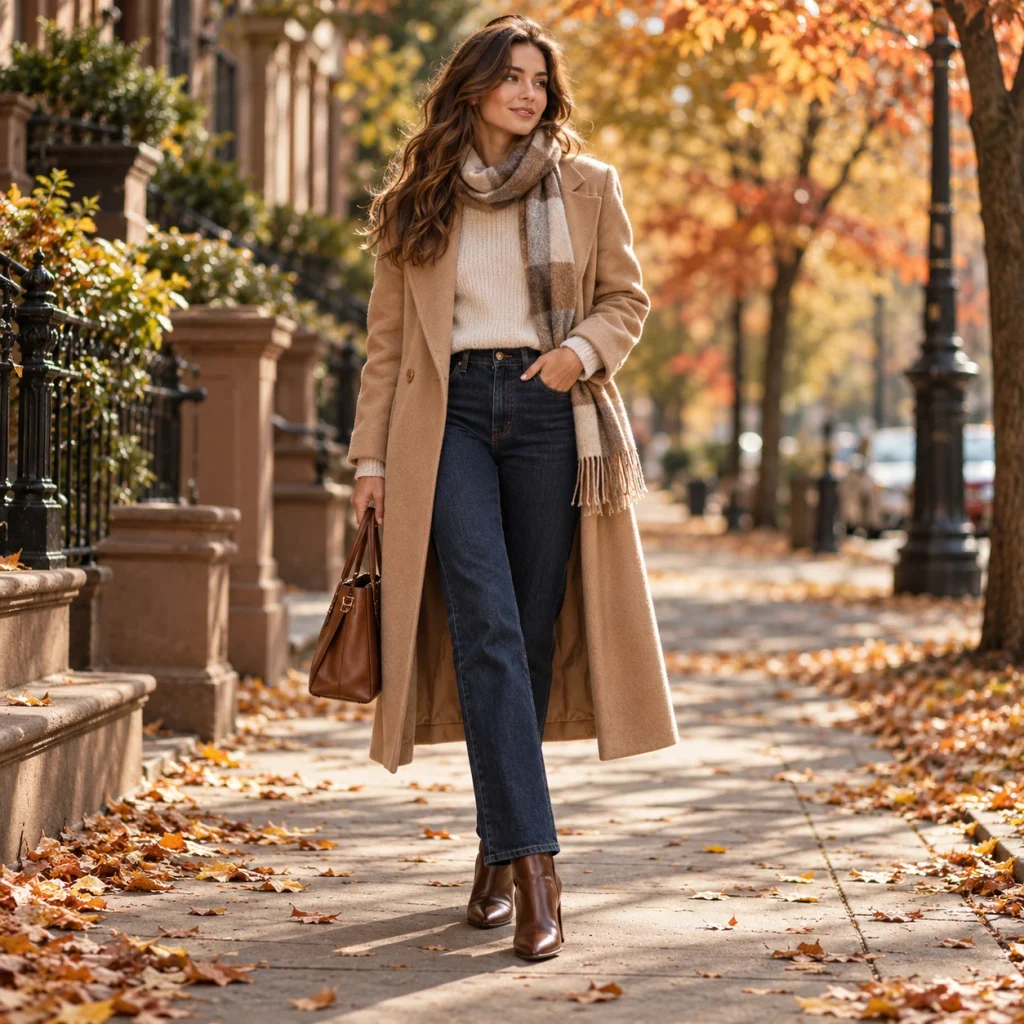 Stylish woman wearing a camel wool coat, cream sweater, blue jeans, scarf and brown ankle boots on an autumn street.