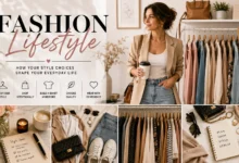 Fashion lifestyle collage featuring a woman standing beside a curated capsule wardrobe, coordinated outfits, stylish accessories, and everyday essentials that showcase intentional, timeless personal style.