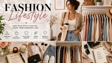 Fashion lifestyle collage featuring a woman standing beside a curated capsule wardrobe, coordinated outfits, stylish accessories, and everyday essentials that showcase intentional, timeless personal style.