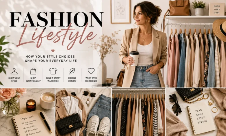 Fashion lifestyle collage featuring a woman standing beside a curated capsule wardrobe, coordinated outfits, stylish accessories, and everyday essentials that showcase intentional, timeless personal style.