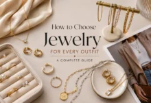 Flat lay of gold and silver jewelry, including layered necklaces, rings, earrings, and bracelets, styled with a neutral outfit to illustrate how to choose jewelry for every outfit.