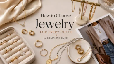 Flat lay of gold and silver jewelry, including layered necklaces, rings, earrings, and bracelets, styled with a neutral outfit to illustrate how to choose jewelry for every outfit.