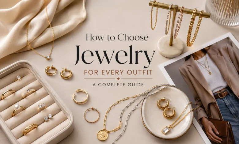 Flat lay of gold and silver jewelry, including layered necklaces, rings, earrings, and bracelets, styled with a neutral outfit to illustrate how to choose jewelry for every outfit.