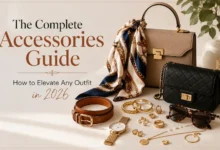 Flat lay of stylish fashion accessories including handbags, jewelry, sunglasses, a silk scarf, a belt, and a watch, illustrating a complete accessories styling guide for creating elegant outfits in 2026.