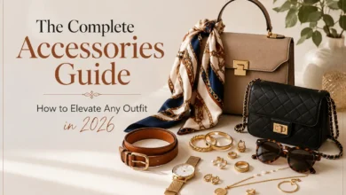 Flat lay of stylish fashion accessories including handbags, jewelry, sunglasses, a silk scarf, a belt, and a watch, illustrating a complete accessories styling guide for creating elegant outfits in 2026.