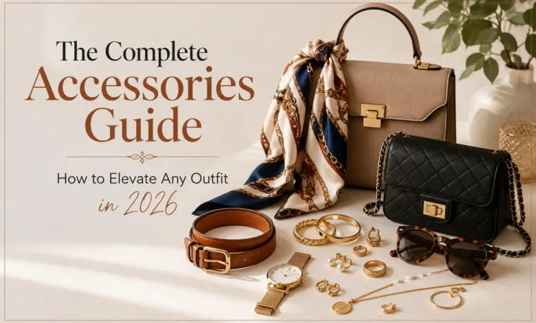 Flat lay of stylish fashion accessories including handbags, jewelry, sunglasses, a silk scarf, a belt, and a watch, illustrating a complete accessories styling guide for creating elegant outfits in 2026.