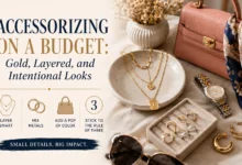 Gold layered jewelry and stylish accessories for a budget-friendly fashion look.