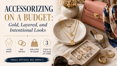 Gold layered jewelry and stylish accessories for a budget-friendly fashion look.