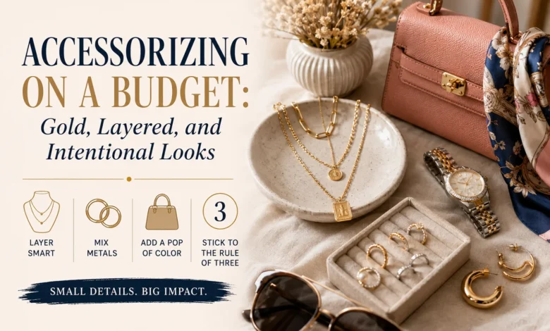 Gold layered jewelry and stylish accessories for a budget-friendly fashion look.