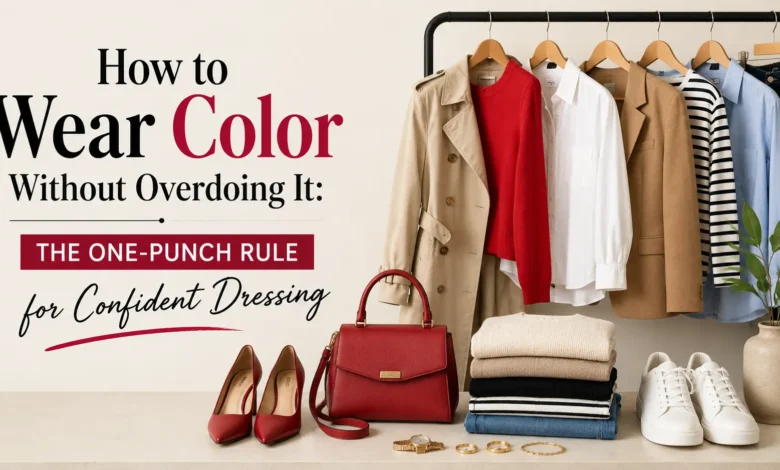 How to wear color without overdoing it using the One-Punch Rule with a neutral wardrobe and one bold red fashion statement.