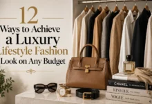 Luxury lifestyle fashion flat lay featuring a neutral capsule wardrobe with elegant clothing, a structured leather handbag, classic watch, sunglasses, belt, perfume, and fashion books, illustrating stylish dressing on any budget.