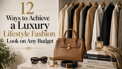 Luxury lifestyle fashion flat lay featuring a neutral capsule wardrobe with elegant clothing, a structured leather handbag, classic watch, sunglasses, belt, perfume, and fashion books, illustrating stylish dressing on any budget.
