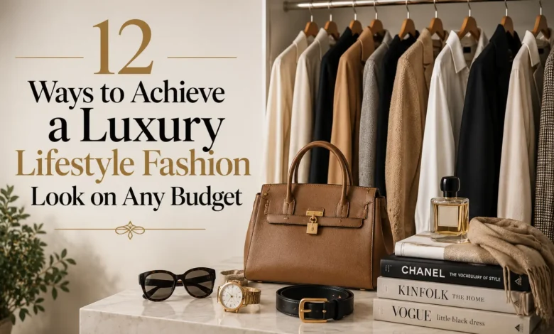 Luxury lifestyle fashion flat lay featuring a neutral capsule wardrobe with elegant clothing, a structured leather handbag, classic watch, sunglasses, belt, perfume, and fashion books, illustrating stylish dressing on any budget.