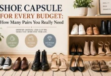 Minimalist shoe capsule wardrobe featuring sneakers, loafers, ankle boots, heels, sandals, and boots neatly arranged beside a wooden shelf with the title Shoe Capsule for Every Budget.
