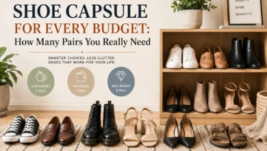 Minimalist shoe capsule wardrobe featuring sneakers, loafers, ankle boots, heels, sandals, and boots neatly arranged beside a wooden shelf with the title Shoe Capsule for Every Budget.