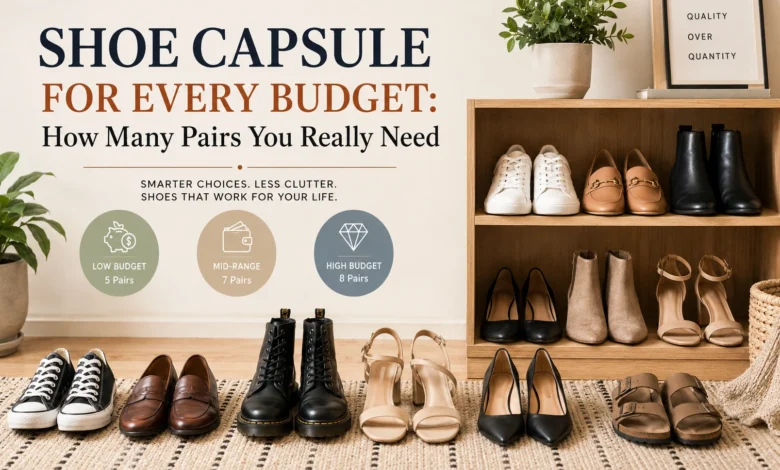 Minimalist shoe capsule wardrobe featuring sneakers, loafers, ankle boots, heels, sandals, and boots neatly arranged beside a wooden shelf with the title Shoe Capsule for Every Budget.