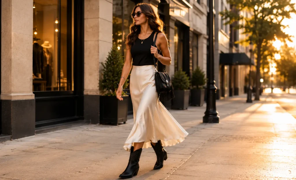 Woman wearing a modern cowgirl outfit with black cowboy boots, a white satin midi skirt, a black tank top, and a fringe bag while walking through a city street at sunset.