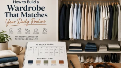 Organized capsule wardrobe with versatile clothing, shoes, and accessories beside a weekly routine planner, illustrating how to build a wardrobe that matches your daily lifestyle and activities.