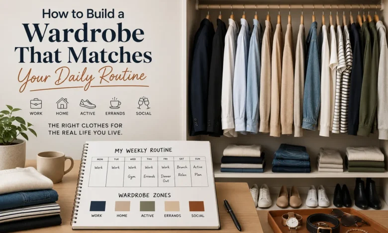 Organized capsule wardrobe with versatile clothing, shoes, and accessories beside a weekly routine planner, illustrating how to build a wardrobe that matches your daily lifestyle and activities.