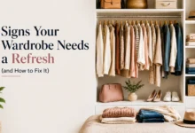 Organized modern wardrobe with neatly arranged clothing and accessories beside the title 'Signs Your Wardrobe Needs a Refresh (and How to Fix It)' on a clean, minimalist background.