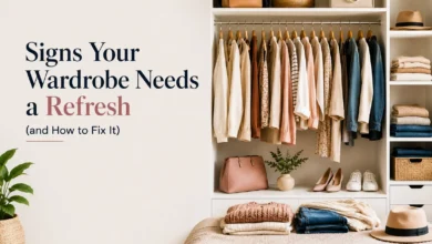 Organized modern wardrobe with neatly arranged clothing and accessories beside the title 'Signs Your Wardrobe Needs a Refresh (and How to Fix It)' on a clean, minimalist background.